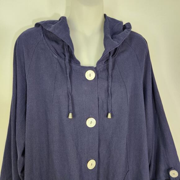JNY Jones New York Jacket Womens 2X Blue Hooded Linen Blend Button Front Shacket - Picture 3 of 9